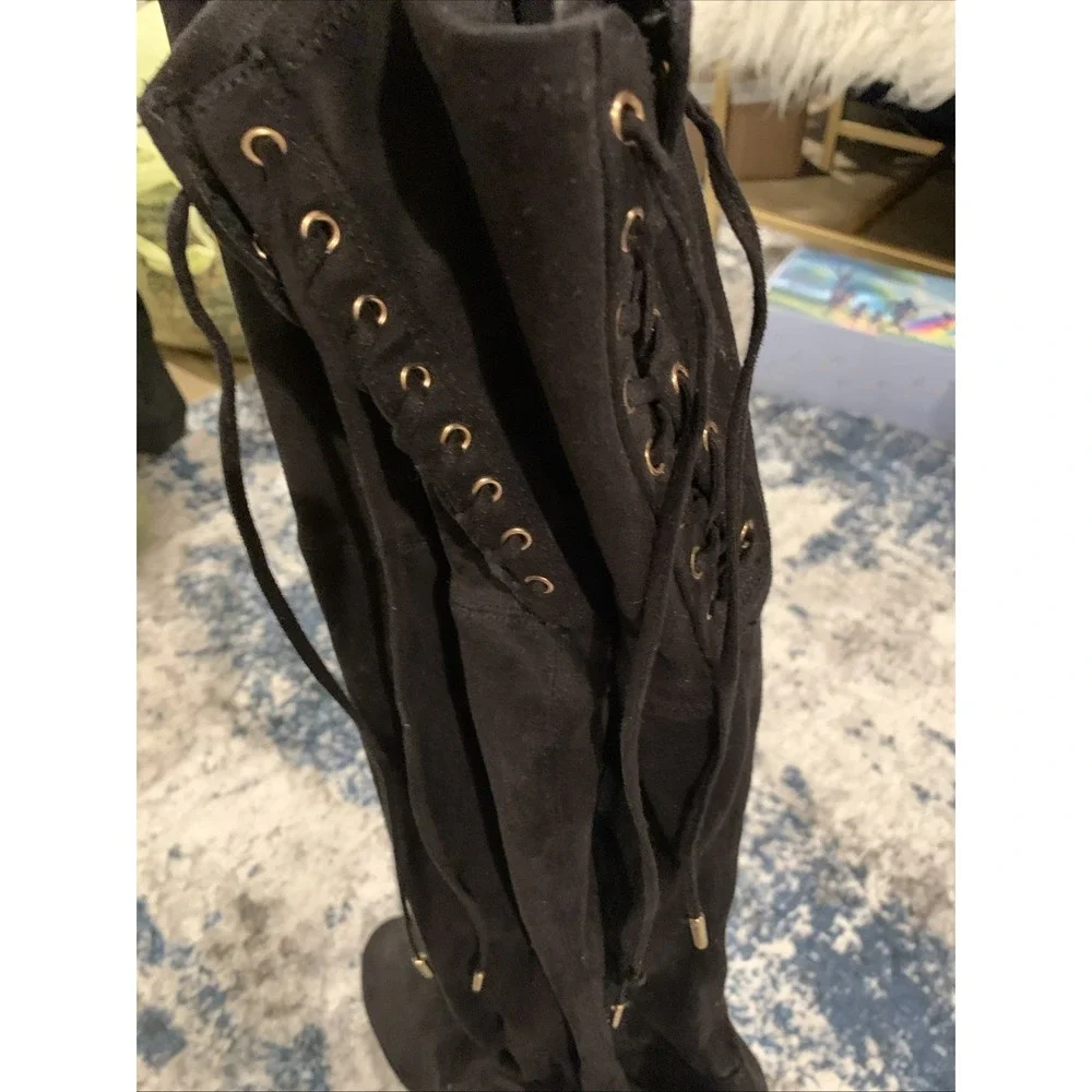 MATERIAL GIRL BLACK FAUX SUEDE OVER THE KNEE TIE BACK ‎ ZIPPER BOOTS Size 9 1/2